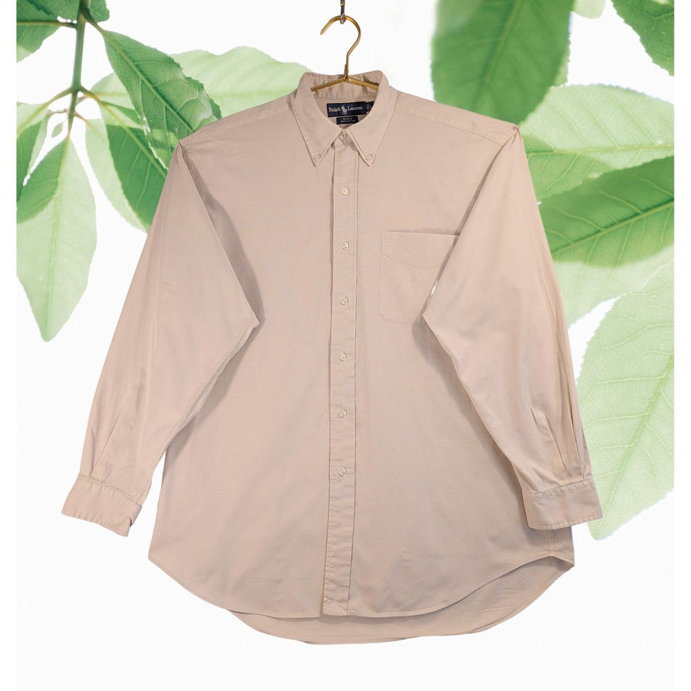 Ralph Lauren Sz L Classic Fit Button Down Shirt Men's Tan Long Sleeve Collared